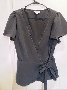 meraki Black Wrap Blouse with Short Flutter Sleeves